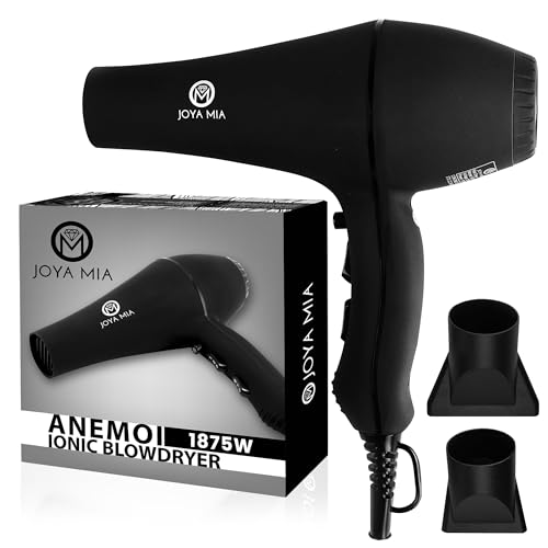 JOYA MIA Anemoi 1875W Ceramic Hair Dryer with Attachments - Lightweight & Portable for Women 3 Heat2 Speed Settings with Cool Shot Ideal for Fine Curly Frizz-Prone Hair Salon Like Blowdryer - Black