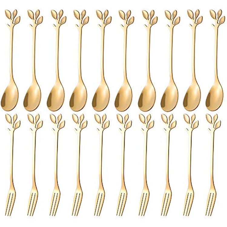 AnSaw 20-Pc Mini Gold Coffee Spoons & Dessert Forks Set, 4.7 Stainless Steel Leaf Handle, Ideal for Tea, Appetizers, Tastings - Perfect for Party, Charcuterie, Cocktails
