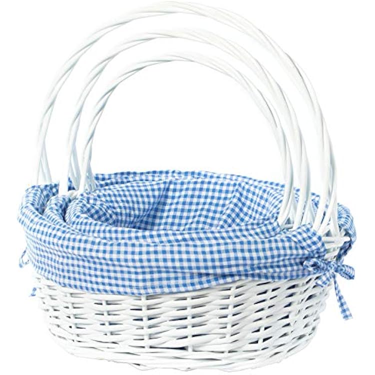 White Round Willow Gift Basket, with Gingham Liner and Handle