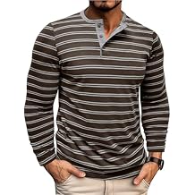Mens Henley Shirts Casual Striped Long Sleeve Cotton T-Shirt Basic Button Lightweight Crewneck Pullover Tees Tops