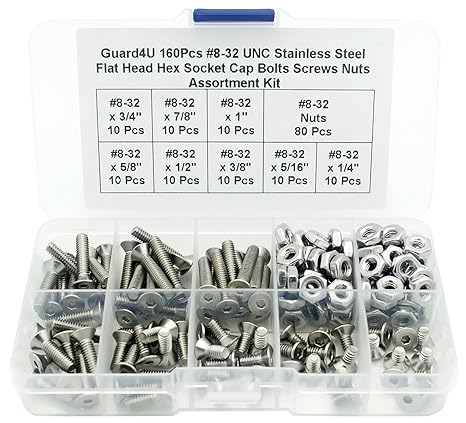 160Pcs #8-32 UNC 304-Stainless Steel Flat Head Countersunk Hex Socket Cap Bolts Screws Nuts Assortment Kit- #8-32x 1/4" 5/16" 3/8" 1/2" 5/8" 3/4" 7/8" 1"